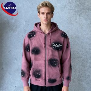 Qzfso เสื้อฮู้ดผู้ชายซักกรดซิปรูดซิปแต่งด้วยพลอยเทียมสไตล์วินเทจซีดจางทรงหลวมพอดีตัว100% คอตตอนมีฮู้ด - Product Image 1