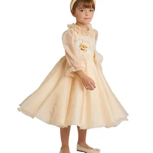 Boutique Hoge Kwaliteit Schattige Meisje Kinderen Frock Model Kids Party Lange Jurk Gele Kleur Lange Mouw Mode Baby Meisje Jurken