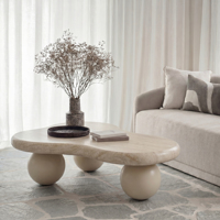 Table basse moderne de designer en bois brun avec forme irrégulière en forme de nuage et pieds en forme de boule pour la décoration du salon