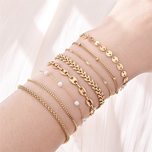 Stainless Steel <b>Bracelet</b> <b>Set</b> With Pearl And Geometric Leaf Design For Women - Product Image 1