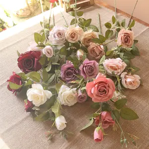 June Promotion New Artificial Flower 3 Head Single Roses For Wedding