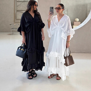 Abito Lungo Estivo con Scollo a V e <span class=keywords><strong>Maniche</strong></span> a Volant, <span class=keywords><strong>Vestito</strong></span> Casual da Donna, Maxi Abito Nero e <span class=keywords><strong>Bianco</strong></span> - Product Image 1