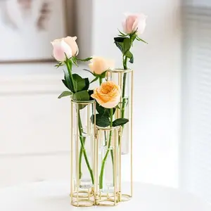 Vaso de flores para decoração de mesa sws036, vaso de flores de vidro baratos para casamento, com suporte de metal dourado