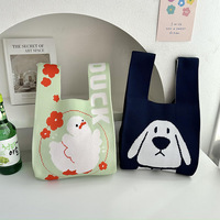 Sac fourre-tout tricoté mini tendance en nylon noir pour femme, style dessin animé, fermeture ouverte, idéal pour l'été
