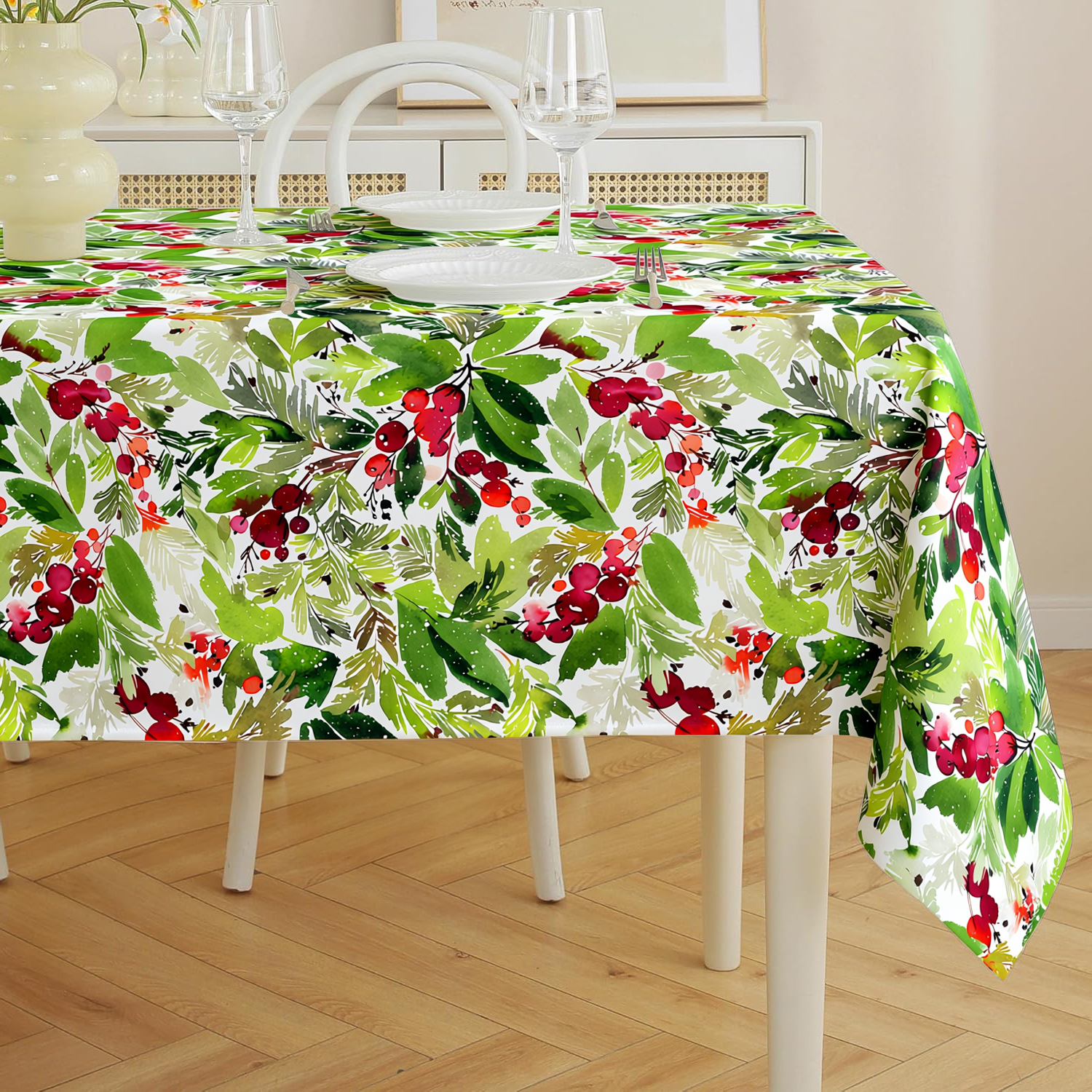 Custom Print Watercolor Berry Greenery 100% Polyester Waterproof Tablecloth For Harvest Parties & Home Use
