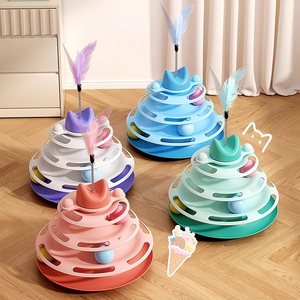 Juguete para gatos de tres niveles con pista giratoria de bolas y plumas para estimular el aburrimiento y el juego interactivo. - Product Image 2