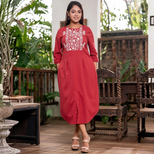 Vestido Midi Elegante de Lino con Bordado Floral y Dobladillo Curvo, Rojo, Duradero y de Primera Calidad, al por Mayor - Product Image 4