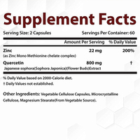 Formule personnalisée Zinc Quercétine 120 Capsules végétariennes Complément vitaminique pour soutenir les antioxydants et l'immunité des hommes et des femmes