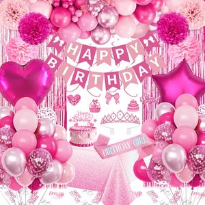 Suministros <span class=keywords><strong>de</strong></span> Decoración <span class=keywords><strong>de</strong></span> <span class=keywords><strong>Cumpleaños</strong></span> Rosa Intenso con Globos, Pancarta <span class=keywords><strong>de</strong></span> Feliz <span class=keywords><strong>Cumpleaños</strong></span>, Banda, Corona, Mantel, Globos <span class=keywords><strong>de</strong></span> Corazón y Estrella Metalizados - Product Image 1