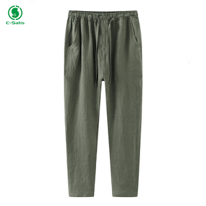 <span class=keywords><strong>Pantaloni</strong></span> Casual <span class=keywords><strong>100</strong></span>% estivi da <span class=keywords><strong>uomo</strong></span> in puro <span class=keywords><strong>lino</strong></span> a nove punte tinta unita comodo tessuto sottile con motivo dritto Logo sulla vita - Product Image 1