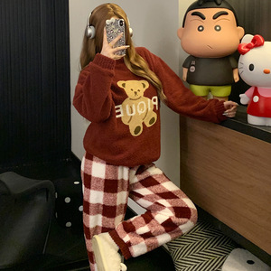 柔软保暖珊瑚绒保暖圣诞睡衣女式弹力腰红色纯色家居服休闲服套装秋季春季 - Product Image 2