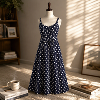 Robe midi à bretelles à pois pour femme, style vintage, décontractée, écologique, polyvalente, été/printemps/automne, avec ceinture 7325122