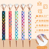 Stylo bille transfrontalier en métal rotatif avec grand diamant, 1,0 mm, pour étudiante, papeterie de bureau, design cœur et amour créatif, avec paillettes