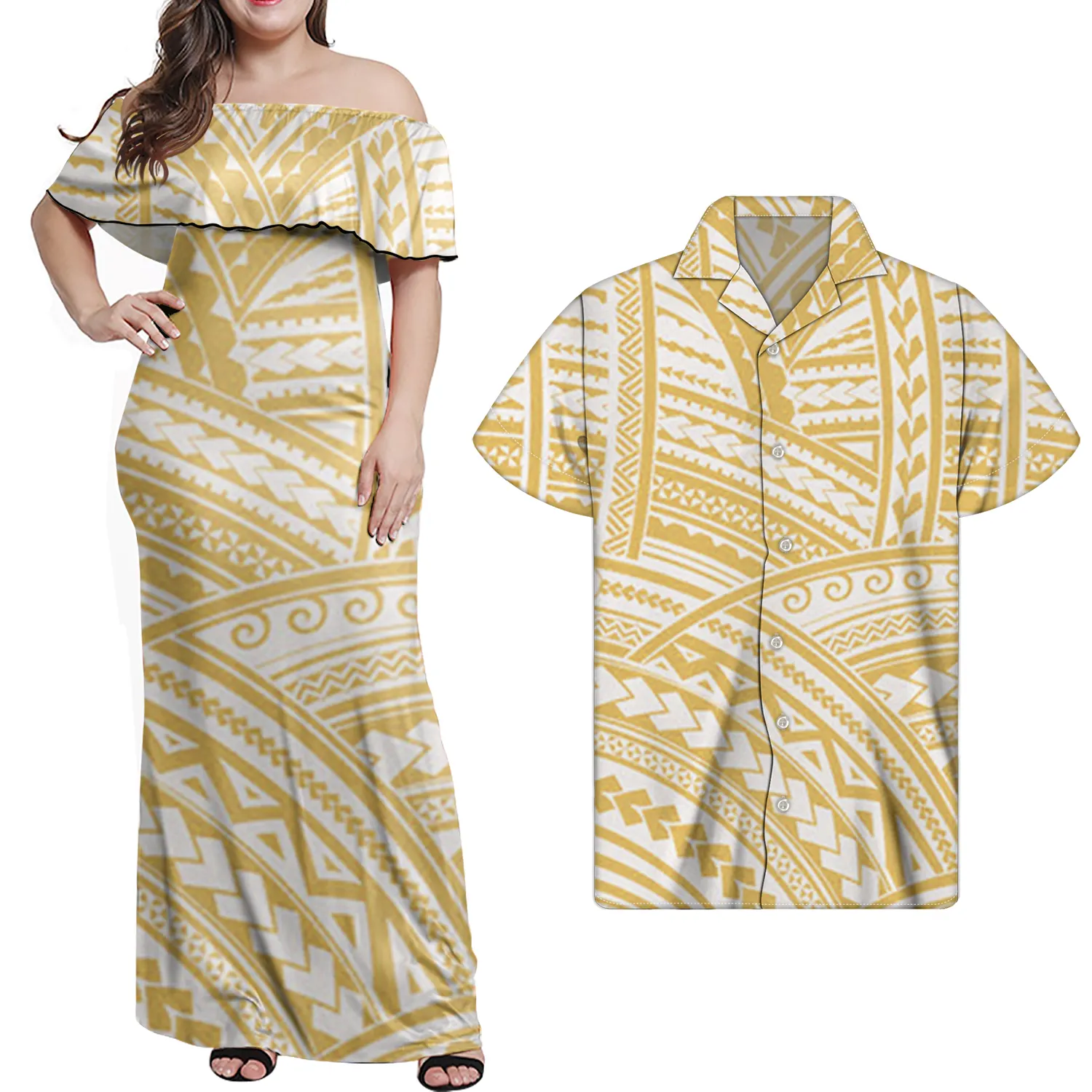 Оптовая продажа, одежда, платья для женщин, платье большого размера, изысканные Макси-юбки, желтое полинезийское платье с плечевым принтом