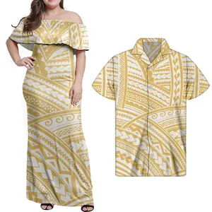 Toptan giyim elbiseler kadın artı boyutu elbise zarif Maxi etekler sarı polinezya Tribal baskı tek tek omuzlu elbise