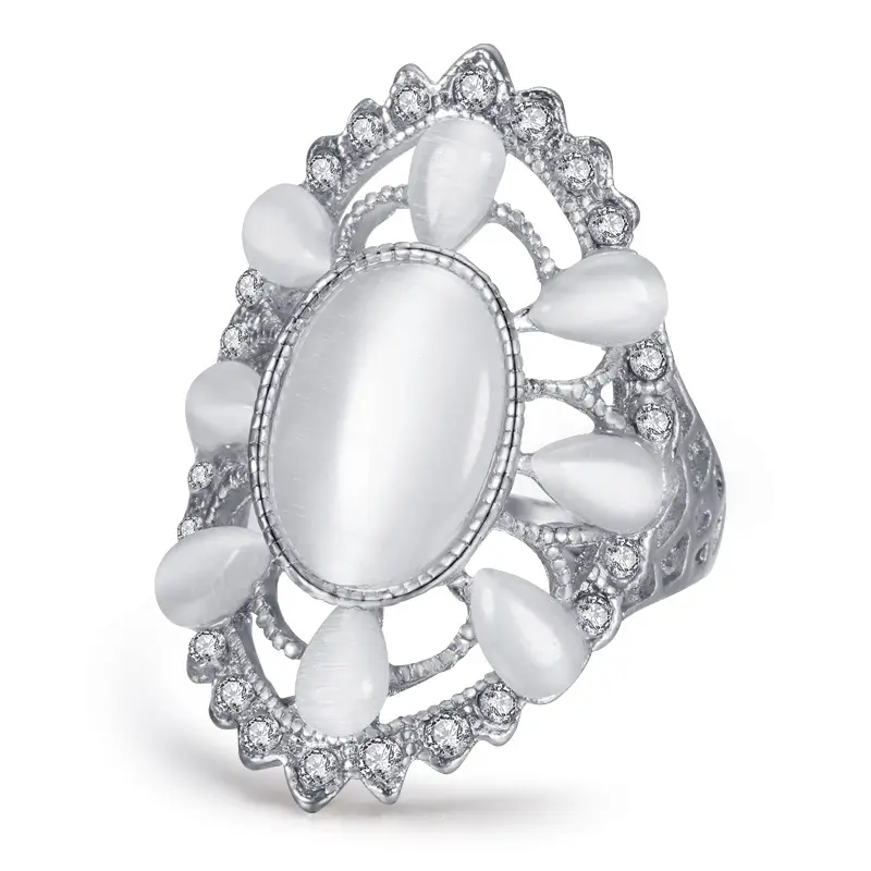 Bloem Band Ovale Natuursteen Ringen Voor Vrouwen Vintage Look Antieke Hollow Zilver Goud Wit Opaal Mode Retro Sieraden