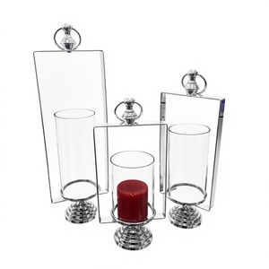 Eco-Friendly Cylindrical Glass <b>Hurricane</b> Candleholder Set with Silver Base and Ring TOP for Home Decoration - Product Image 1