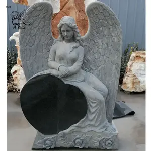 BLVE Customize Modern Design Large Hand Carving Natural Stone Cemetery Sculpture Tombstone Grey Marble Angel Monument