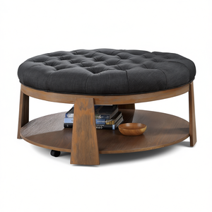 Pouf capitonné gris foncé en lin avec base ronde en bois et étagère, meuble de salon de style moderne et transitoire - Product Image 1