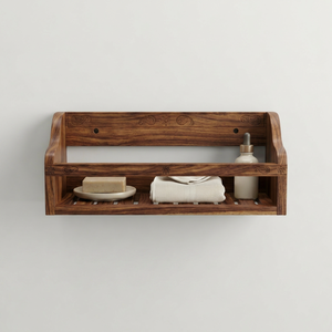 Wooden Wall Mounted Bathroom <b>Shelf</b> Double Tier Carved Rustic Storage <b>Rack</b> for Soap Towel Essential Oil - Product Image 1