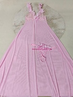 Gaun Tidur Putri Manis Warna Pink, Jubah Jaring Berenda Bunga Transparan, Kerah V Terbuka Depan, Negligee Seksi, Gaun Maxi Panjang Satu Potong