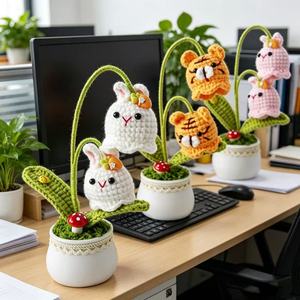 Planta en <span class=keywords><strong>Maceta</strong></span> de Ganchillo Hecha a Mano con Forma de Animal, Conejito y Tigre Adorables, Decoración de Escritorio Tejida para el Hogar y la Oficina - Product Image 3