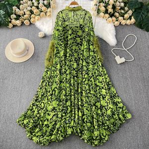 Noble élégant tempérament poilu manches col montant robe pour les <span class=keywords><strong>femmes</strong></span> coupe ample à volants imprimé léopard longue jupe - Product Image 5