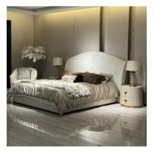 Italian Designer Premium Frosted Cloth High End Luxury Bed Modern Pleated Widescreen Bedroom Bed Wooden Frame