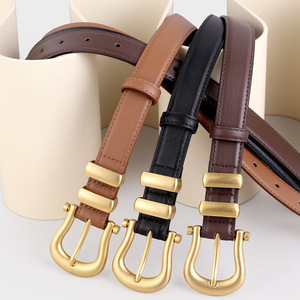 Cinturón de Cuero Genuino para Mujer, Cinturón Retro con Hebilla de Herradura en Tono Dorado para Jeans y Vestidos - Product Image 1
