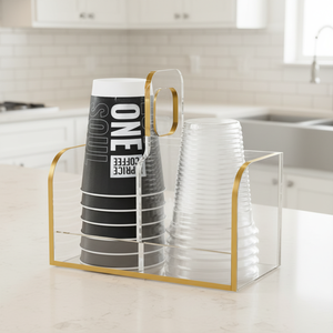 Organizzatore di Lusso in Acrilico per Tazze con Dettagli Dorati, Espositore a 2 Scomparti per Bicchieri Monouso, Stazione Caffè, Piano Cucina - Product Image 1