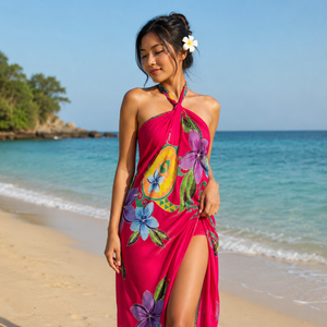 Sarong de plage une pièce 100 % rayonne fait main avec motif floral dessiné à la main et motif tortue - Product Image 6