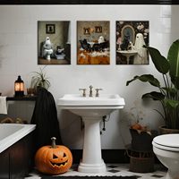 Lot de 3 tableaux muraux chat noir fantôme pour salle de bain, toile tendue vintage gothique effrayante et mignonne, décoration rustique d'Halloween pour la maison