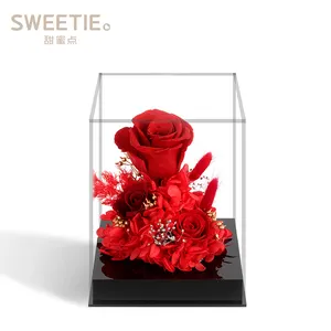 Natural Preserved Rose Flower Dry Flower In Transparent Crystal Acrylic Box For Wedding Gift