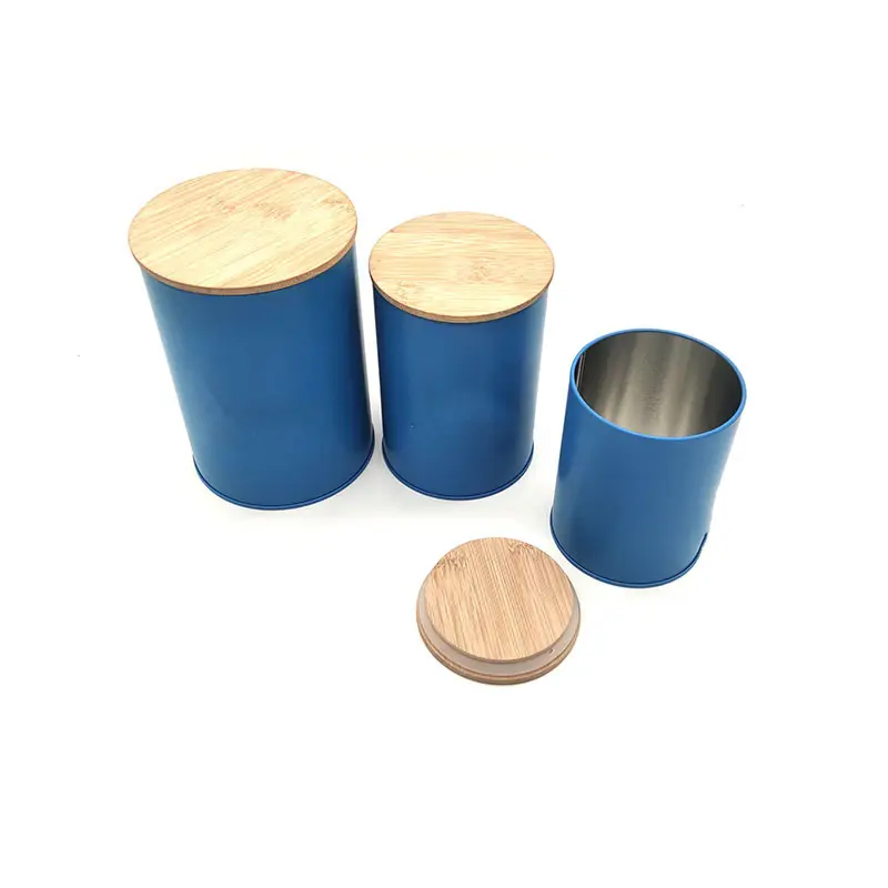 Recycelbare kunden spezifische hochwertige luftdichte Metall boxen Kanister runde Dose mit Holzdeckel für Tee Kaffee Zucker