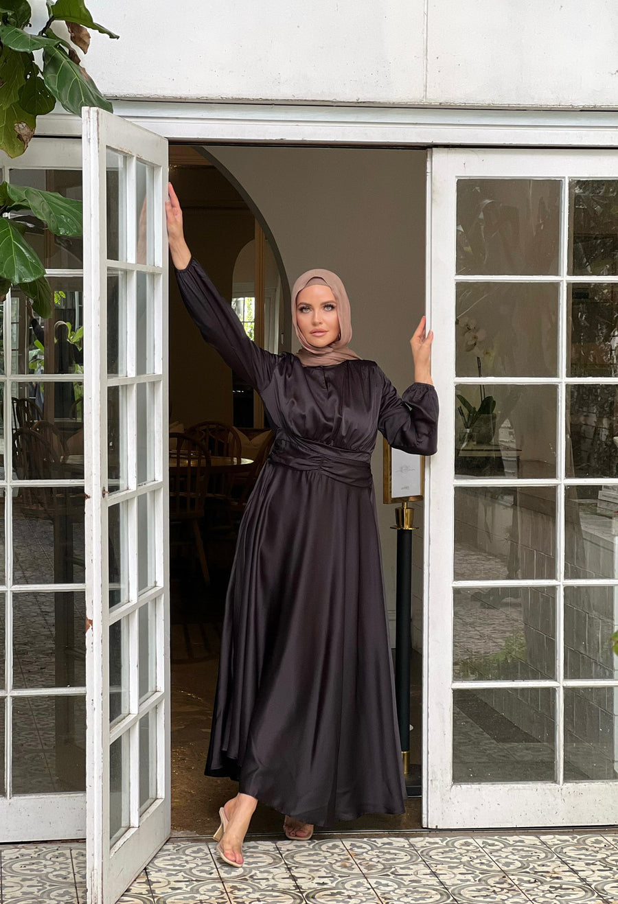 Shop Our Satin Maxi Dress with a Gathered Waist - Stylish & Modest