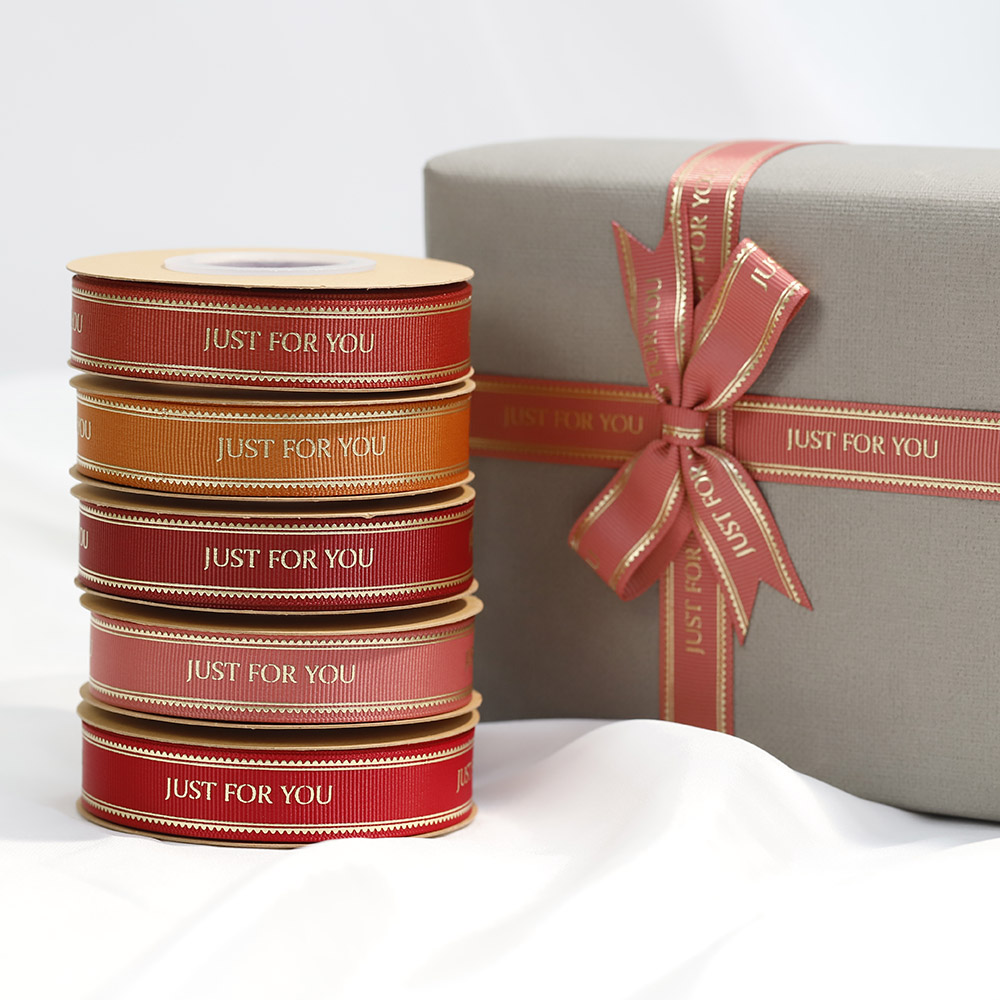 Webbing Factory Wholesale Luxury Polyester Silk Gift Packaging Ribbon Golden Foil Printed Custom Grosgrain Ribbon with logo