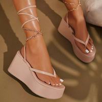 Sandales à lacets décontractées à semelle épaisse de grande taille Chaussures d'extérieur à lacets avec chaîne en métal de couleur unie