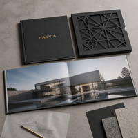 Brochure de présentation architecturale personnalisée 300x300mm, couverture rigide carrée, pochette découpée au laser, estampage à chaud or mat, catalogue
