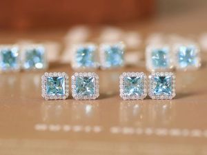 Pendientes de botón cuadrados de oro de 18k con diamante natural talla princesa de 1.2ct y gema de aguamarina de Xinfly Luxury Fine Jewelry - Product Image 2