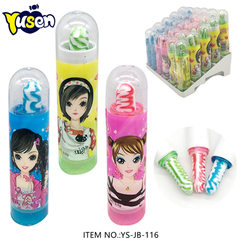 Оптовая продажа, яркие разноцветные Фруктовые Конфеты в форме красивой девушки, вращающаяся губная помада, жесткий леденец