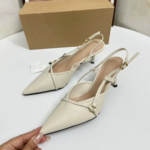 Women's Dress <b>Sandals</b> - Pointed Toe, Slim Heel, Buckle Detail, Enclosed Toe Cap, Open-Back, Slip-On Ladies Heeled <b>Sandals</b> - Product Image 3