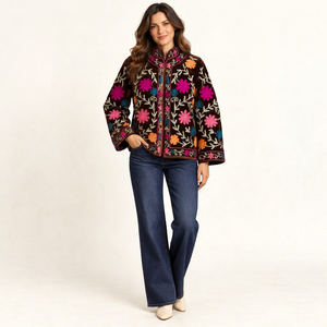 Premium Handmade Embroidered Bomber <b>Jacket</b> <b>Women</b> <b>Velvet</b> Floral Needlework Coat Maria Garments Cotton Shell Eco-Friendly - Product Image 1