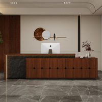 Comptoir de réception en bois de noyer et pierre brute avec éclairage LED, grand meuble de rangement, logo personnalisé, comptoir de caisse pour hôtel