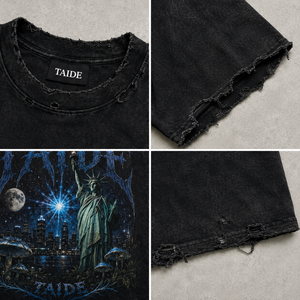 T-shirt TaiDe personalizzata con stampa Gothic <span class=keywords><strong>Font</strong></span> Liberty Moon, lavaggio acido, effetto strappato, vestibilità ampia, OEM ODM, alta qualità, produttore all'ingrosso - Product Image 2