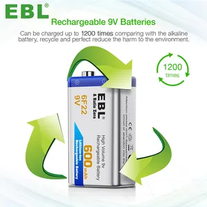 Bateria recarregável EBL 9 volts Bateria de íon de lítio 600mAh