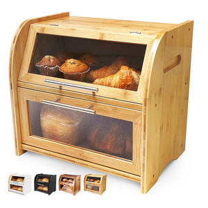 Bamboo Bread <b>Box</b> Double Layer With <b>Glass</b> Door Kitchen Storage For Bread And Desserts Freshness Preservation - Product Image 1