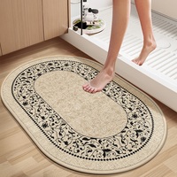 Alfombra de Baño Ovalada de Lino con Diseño Floral Vintage, Estilo Americano, Absorbente de Agua, Antideslizante, para Interiores, Entrada de Ducha