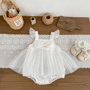 Combinaison en tulle à manches bouffantes blanches avec nœud pour bébé fille, robe de princesse d'été - Product Image 3