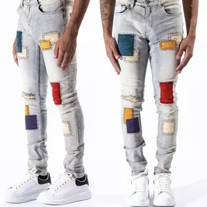 ייצור מותאם אישית עיצוב צבע תיקון אחוי ג 'ינס קרסול ריצה streetwear אופנה זכר מכנסיים ג' ינס שתוקנה ג 'ינס