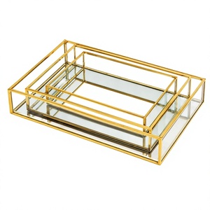 <b>Gold</b> Plated Glass <b>Rectangular</b> Decorative Tray Glam Geometric Design <b>Mirror</b> Surface Multi Functional Storage Organizer - Product Image 1
